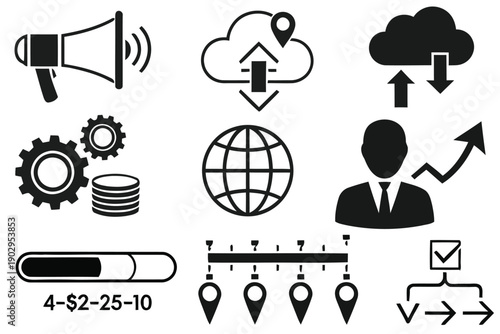 Business and technology icons for communication and data management