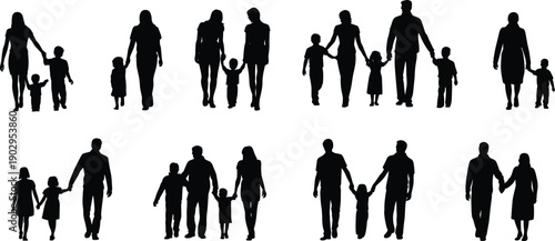 Silhouettes of families holding hands with children walking against a white background family parents