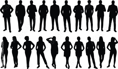 Silhouettes of men in suits and women in casual wear standing in two rows Keywords: silhouette, people, men, women, male, female