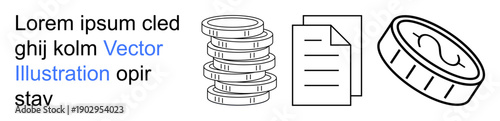 Financial planning, banking, documentation, economy, wealth management, audit. Stacked coins, papers and a single coin outline. Finance and documentation concepts highlighted