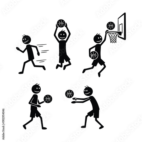 Stick figure basketball players in action
