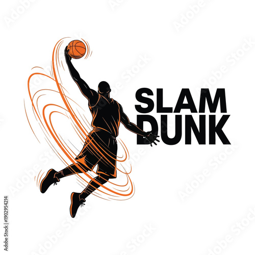 Dynamic Basketball Slam Dunk Silhouette Illustration: Athlete in Action with Motion Lines & SLAM DUNK Text - High-Energy Sports Photography & Graphic Design Element