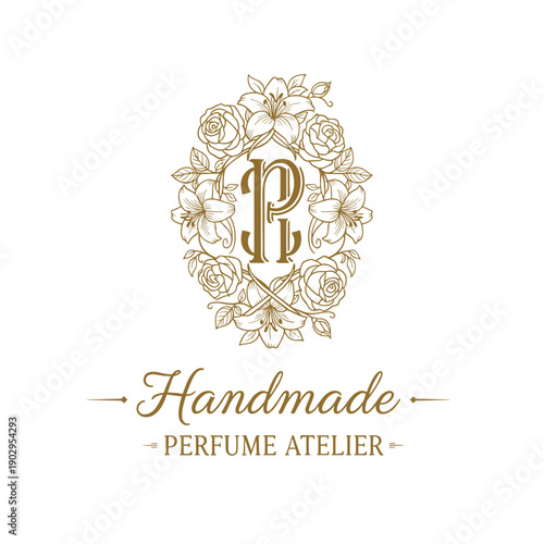 Elegant Floral Monogram Logo for Perfume Atelier with Roses and Lilies