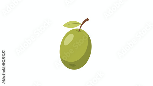 Simple cartoon illustration of a fresh green olive with a leaf and stem perfect for healthy eating