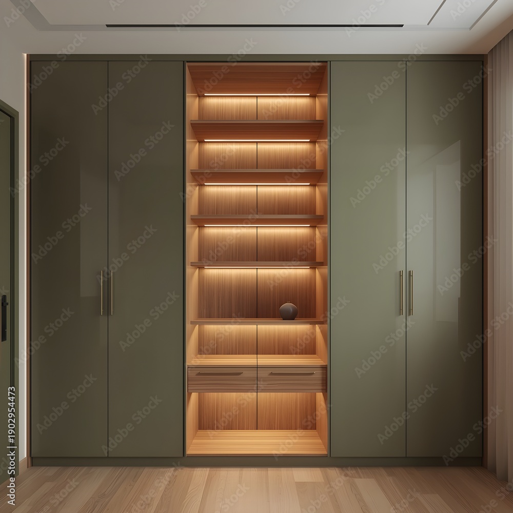 Fototapeta premium Modern Built In Wardrobe And Vanity With Warm LED Lighting And Minimalist Contemporary Interior Design