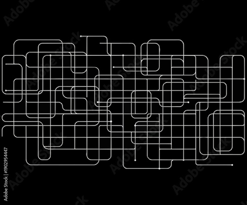 Abstract white digital circuit board pattern of interconnected flowing lines and nodes creates a complex technological network background design concept