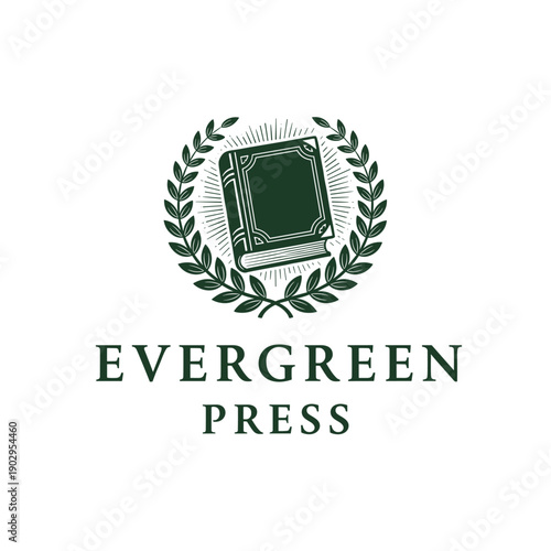 Elegant Evergreen Press Logo with Classic Book and Laurel Wreath