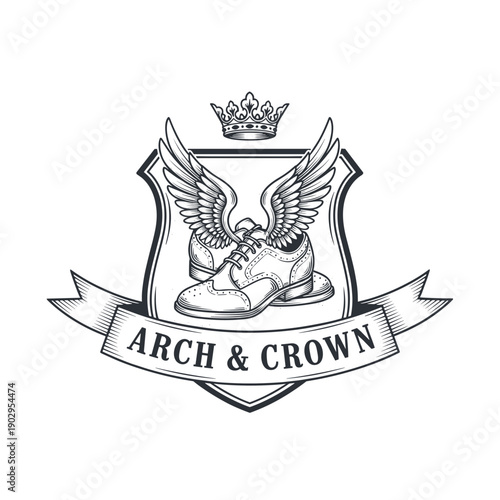 Elegant Footwear Logo with Winged Brogues, Crown, and Decorative Banner