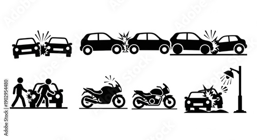 Collection of car and motorcycle accident icons and symbols.