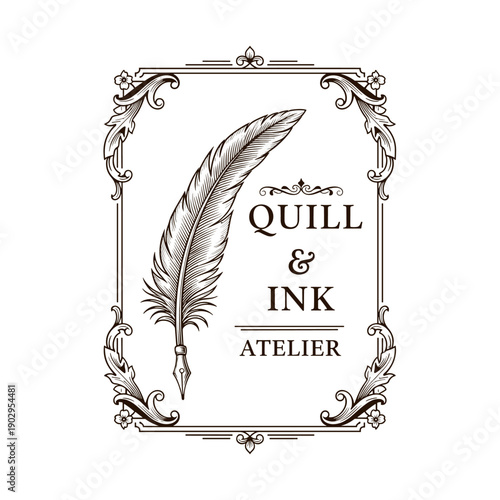 Vintage Quill Pen and Ink Atelier Logo Design with Ornate Frame