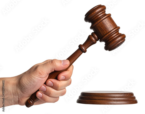hand holding wooden justice gavel isolated on white background