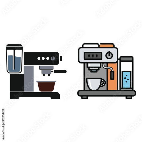 Two coffee machines with cups and water tanks, flat design