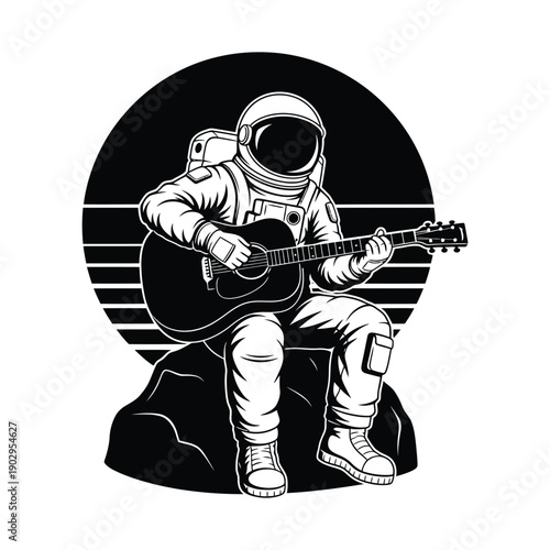 Astronaut playing acoustic guitar on rock, stylized striped moon background, black & white graphic illustration, space music art, cosmic vibes, t-shirt design, poster print