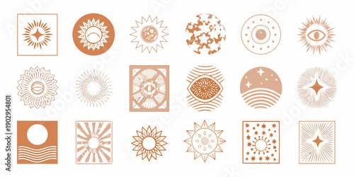 A collection of diverse geometric sun and celestial themed illustrations