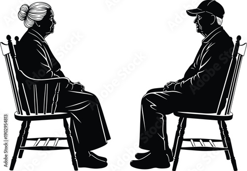 senior, couple, silhouette, elderly, people, chair, sitting, conversation, relationship, interview, counseling, therapy, discussion, portrait, illustration, senior 