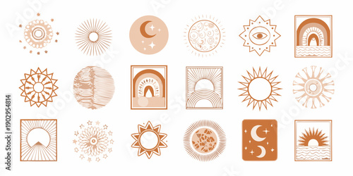 Collection of celestial and sun themed decorative line art illustrations