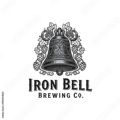 Ornate Bell and Hops Craft Beer Brewing Company Logo Illustration
