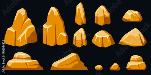 Stylized golden rocks and stones arranged against a dark background