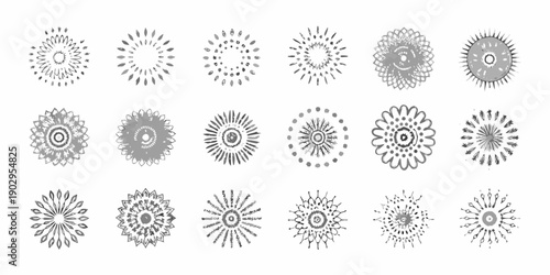 Collection of intricate circular designs in grayscale variations