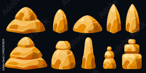 Collection of stylized golden brown rock and stone formations