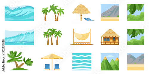 Tropical beach elements waves palm trees huts and scenic mountains