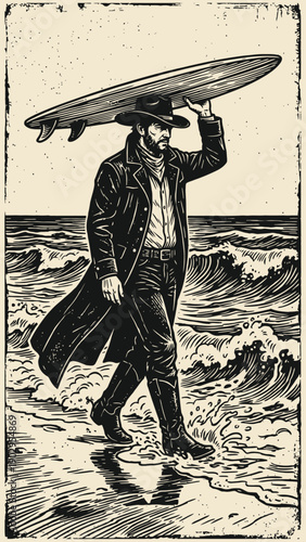 Western Cowboy Surfer Vintage Woodcut Illustration
