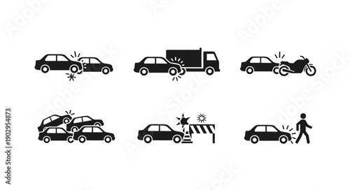 Collection of car accident icons and symbols illustrating different types of collisions.