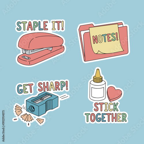 Colorful office stationery sticker set featuring stapler file folder sharpener and glue with motivational text quotes, school supplies vector art.