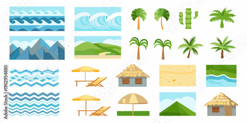 Colorful tropical scenes and elements arranged in a grid pattern