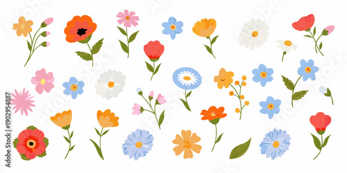 A colorful collection of stylized wildflowers and blossoms on a white background