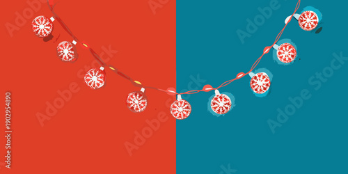 Festive string lights stretch across a vibrant red and teal background