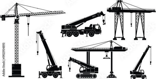 Set of construction cranes silhouettes including tower, mobile and gantry cranes, heavy lifting machinery illustration isolated on white background for industry concepts