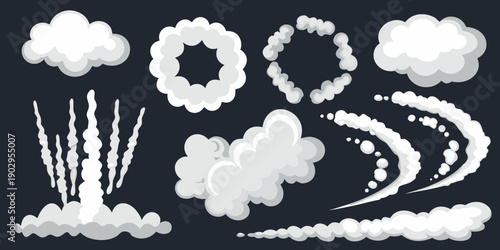 Collection of diverse white cloud shapes and smoke puff illustrations