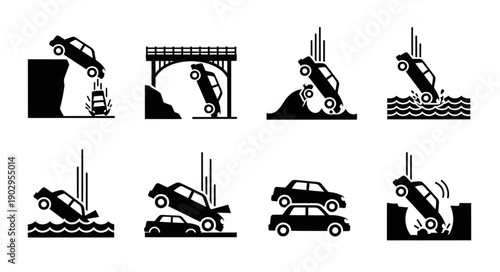 Collection of Car Accident Icons Showing Different Crash Scenarios.