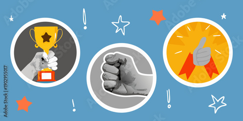 Achievements and success a hand holding a trophy fist and thumbs up