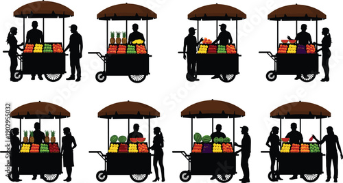 Street fruit vendor cart silhouettes with sellers and customers, colorful fresh produce display, urban market trading scenes, local food business concepts isolated on white background vector set