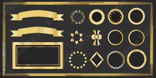 Collection of ornate gold frames ribbons and decorative elements on black