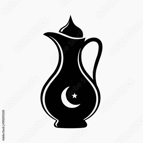 traditional Arabic coffee pot, known as a 'dallah'. The pot features a distinct shape with a curved spout, a handle, and a decorative lid resembling a small dome or mosque top. A white crescent moon a
