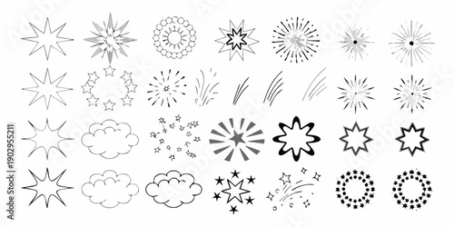 Collection of hand drawn explosion star and cloud like sketch elements