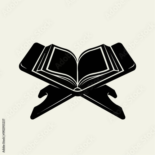 open holy book resting on a traditional wooden stand. The stand, known as a rehal or rahle, has a distinctive X-shaped, foldable design used to elevate religious scriptures as a sign of respect during