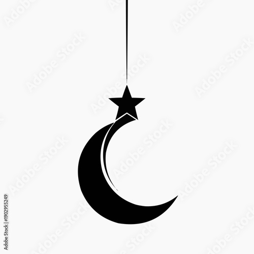 silhouette graphic featuring a crescent moon and a star, both suspended from a single line. The star is positioned above the upper curve of the crescent moon, which has a smaller inner curve creating 