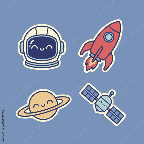 Outer space exploration icons set featuring astronaut helmet rocket ship planet saturn and satellite in cute minimal flat vector style design.