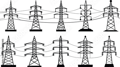 Assortment of Electrical Transmission Towers and Pylons with Wires Keywords: electrical transmission tower, pylon, electricity