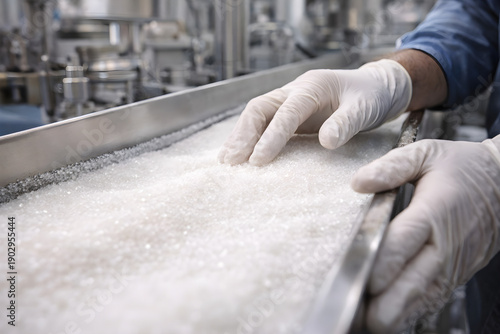 “Hands of factory worker checking refined sugar on conveyor belt