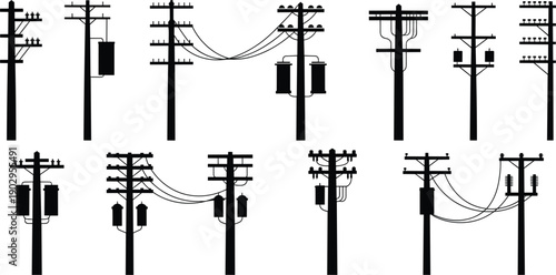 Assortment of electrical utility pole and transformer silhouette icons electricity power line