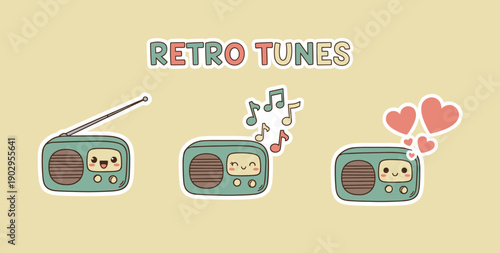 Retro tunes vintage radio sticker set with cute faces music notes and hearts, kawaii electronic equipment vector illustration in pastel colors