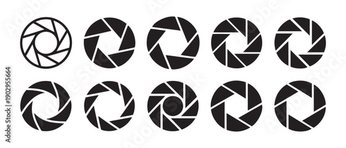 Photography Aperture Icons Set. showing Camera Lens Diaphragm Blades for Photo and Video Applications.
