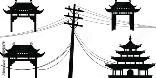 Black silhouette of traditional Asian architecture and utility pole with wires Keywords: electricity, power lines, poles, wires