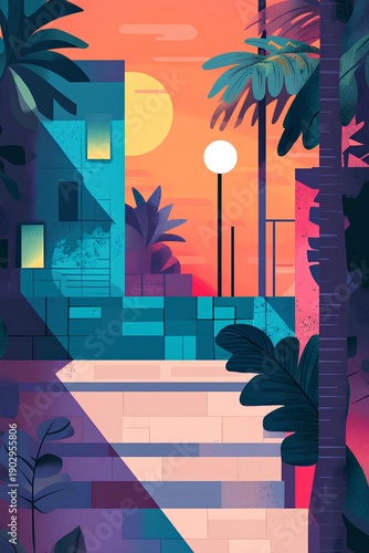 Urban landscape with palm trees and bushes. Flat style illustration.