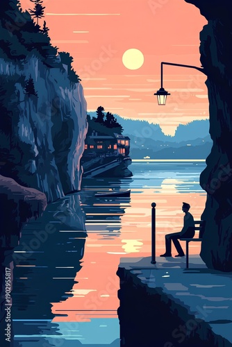 silhouette of a man sitting on a bench by the river at sunset.